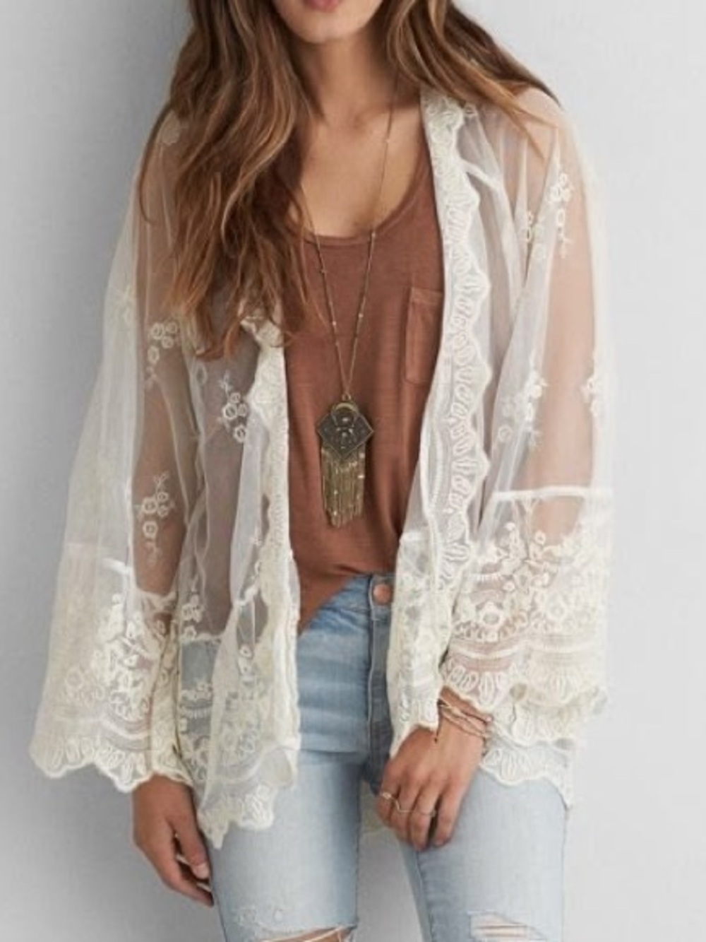 American Eagle lace mesh kimono cardigan white Sz M